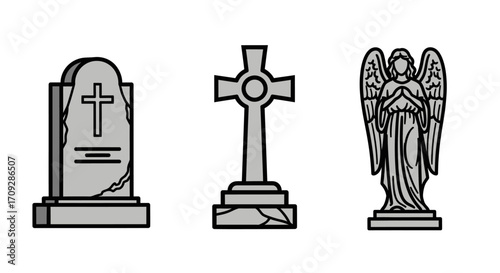 Three distinct grave markers: a traditional tombstone with a cross, a Celtic cross, and an angel statue, symbolizing remembrance and burial.