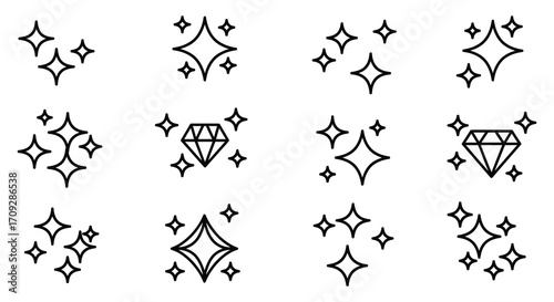 Collection of sparkling diamonds and star icons in a simple line style