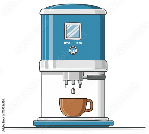Stylized blue and white espresso coffee machine with a brown cup awaiting a fresh brew, vector illustration