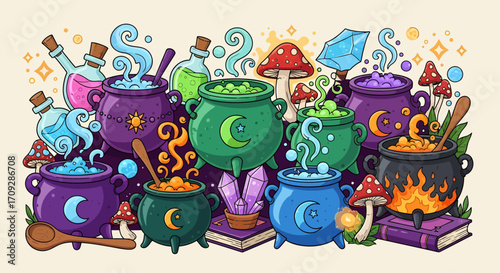 A whimsical illustration of many colorful magical cauldrons bubbling with potions, surrounded by mystical mushrooms, crystals, and spellbooks.