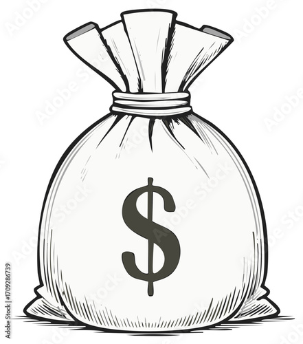 Vintage style hand drawn money bag with a dollar sign, a classic black and white illustration of wealth and finance.