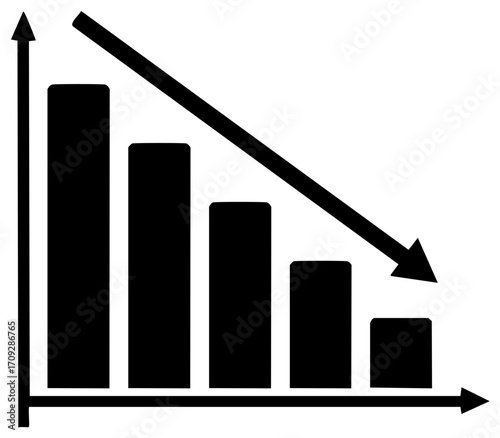 Declining bar chart with downward arrow representing business financial loss and economic recession