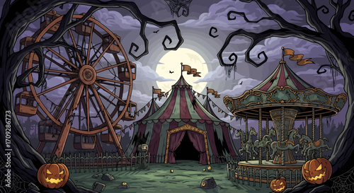 Spooky Halloween carnival scene at night with a full moon, ferris wheel, circus tent, and carousel, framed by gnarled trees and glowing pumpkins.