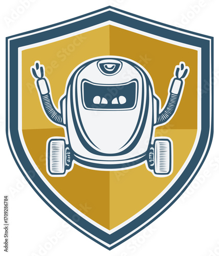 Cheerful robot emblem design with arms raised on yellow and blue shield