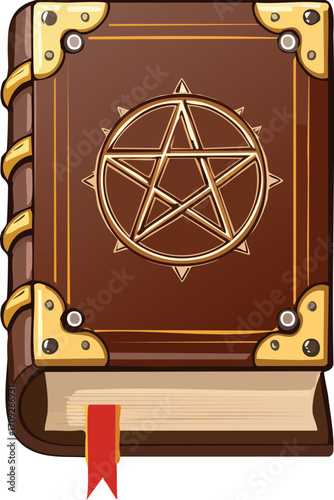 Ancient leather-bound grimoire with pentagram, ornate gold detailing, and red ribbon bookmark.