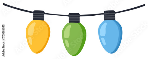 Festive string of three colorful bulb lights in yellow green and blue suspended on a wire