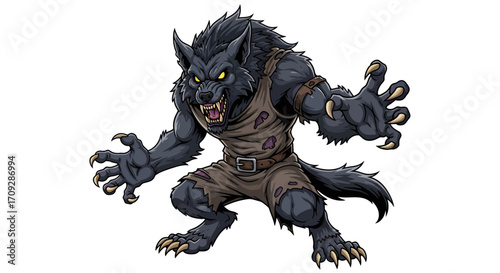 Cartoon style illustration of a fierce bipedal werewolf with dark fur, glowing yellow eyes, sharp claws, and torn clothing, standing in an aggressive pose.