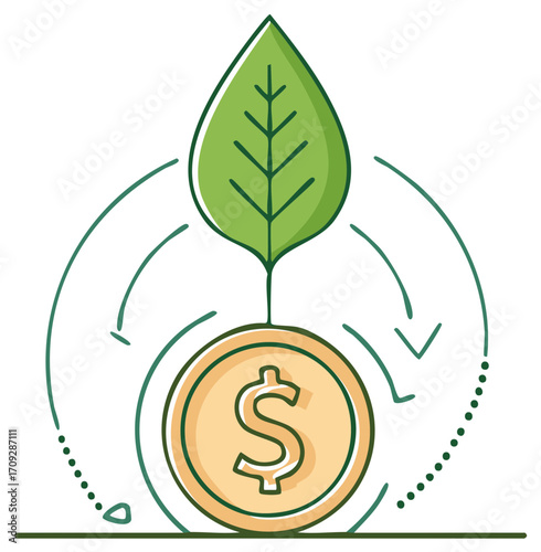 Green dollar coin sprouts a leaf symbolizing sustainable finance and investment growth