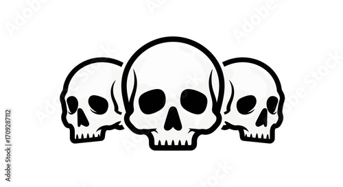Three stylized white human skulls with black outlines and dark eye and nose sockets, arranged in a row on a white background.