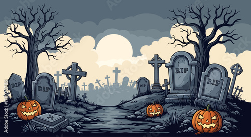 A spooky Halloween graveyard scene at night with a full moon, bare trees, numerous gravestones, and carved jack-o'-lanterns.
