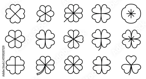 Simple black and white line art of clovers and a circular design