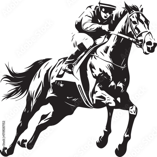 Racing Silhouette: A dynamic black-and-white silhouette captures a racing horse and jockey, showcasing the thrill and speed of a competitive sport.