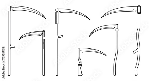 Line art illustration set depicting various types of scythes, traditional agricultural hand tools for harvesting crops and mowing grass.
