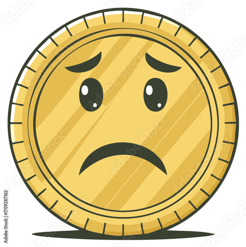 Sad gold coin with unhappy face, cartoon money character, finance symbol