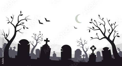 Spooky graveyard silhouette at night with gravestones, bare trees, flying bats, and a crescent moon.