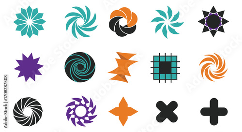 Collection of abstract colorful spiral and starburst shaped vector design elements