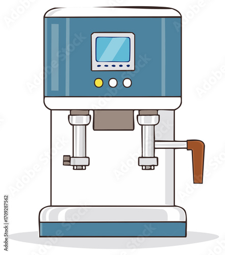 Illustrated professional espresso coffee machine with steam wand and digital display