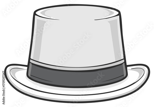 Cartoonish illustration of a light gray top hat with dark ribbon around the crown.