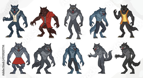 A collection of ten diverse cartoon werewolf characters in various poses and outfits, featuring different colors and styles.