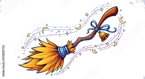 Magical witch's broomstick with a golden bell, blue ribbon, stars, and crescent moons, flying with a whimsical trail.
