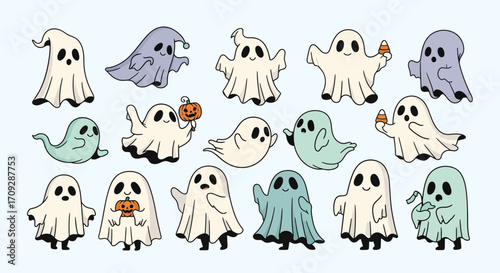 A collection of cute cartoon ghosts in various poses, some holding Halloween treats like pumpkins and candy corn, on a light blue background.