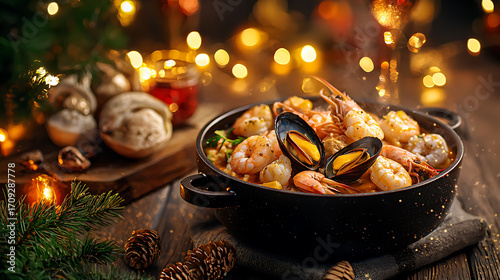 Vibrant bowl of bouillabaisse filled with shrimp, mussels, and fresh herbs, set against festive background with warm lights and holiday decor