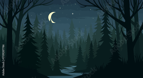 A dark, serene forest at night with tall pine trees, a winding river, and a crescent moon and stars in the sky, in a stylized illustration.