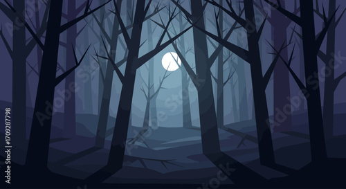 Eerie moonlit forest at night with bare trees and mist, creating a mysterious and spooky atmosphere.