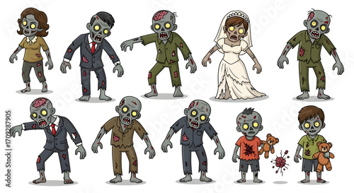 A diverse group of cartoon zombies, including men, women, and children, depicted with green skin, tattered clothes, and glowing yellow eyes, standing in various poses.