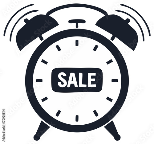Ringing alarm clock icon displaying sale text for urgent promotional offers and discounts