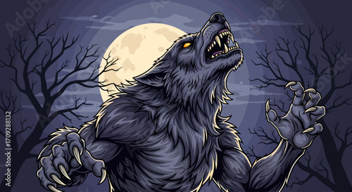 Fierce werewolf howling at a full moon in a dark, eerie forest with bare trees, a mythical creature illustration.