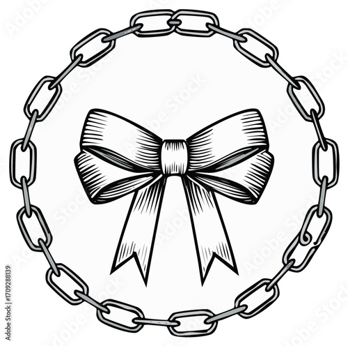 Stylized decorative bow with intricate engraving details framed within a robust circular chain design