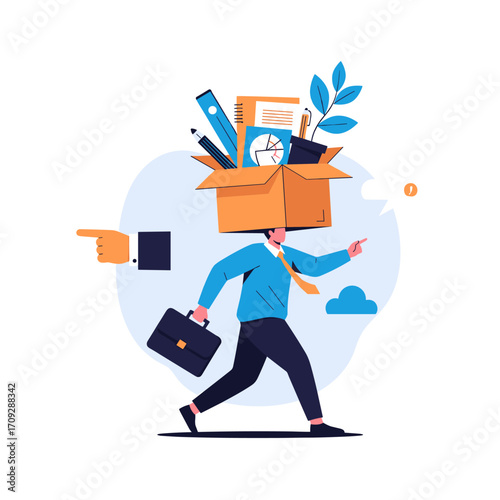 A stressed businessman carrying a box full of office supplies on his head while walking towards an uncertain future.