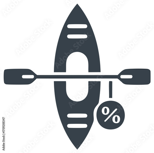Sale and discount icon for kayak and canoe rental service with paddle and percent sign