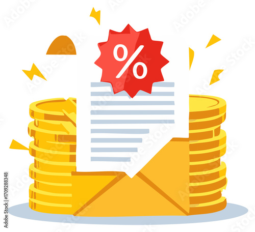 Special discount offer mail with percentage icon and stacks of golden coins