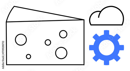 Cheese wedge with holes, a cloud symbol, and a blue gear shape depict innovation, problem-solving, efficiency, and streamlined processes. Ideal for technology, engineering, collaboration food