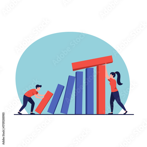 Two people work together to stop a falling domino effect.