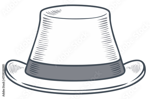 Illustration of a classic grey top hat with a dark outline and hatching details