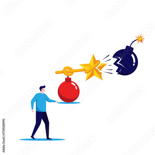A person holding a red bauble near a star ornament about to detonate a bomb.