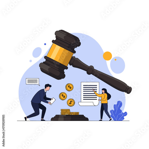 Legal process involving contracts auctions and financial transactions. 