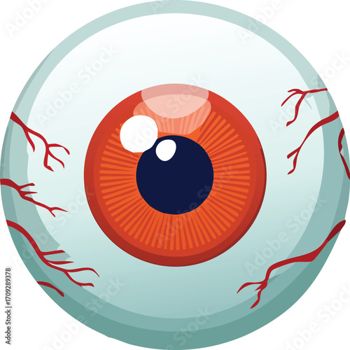 A cartoon eyeball with red iris, blood vessels, and a light-blue sclera.