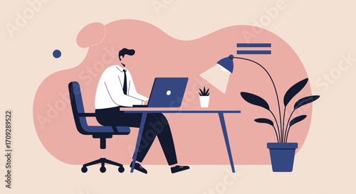 A focused businessman works remotely on a laptop at a modern home office desk, suitable for concepts like digital transformation, productivity, and professional careers.