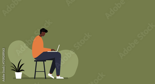 Person working remotely on laptop at home, sitting comfortably on the floor. Modern lifestyle, freelance, online learning, digital nomad.