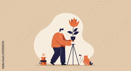 Modern flat design illustration of a person photographing a potted plant on a tripod for a marketing campaign or website banner.