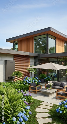 A modern outdoor patio area with a contemporary home, featuring lush landscaping and comfortable furniture.