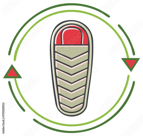 Sleeping bag illustration surrounded by green circular arrows. Concept of camping and outdoor adventures.