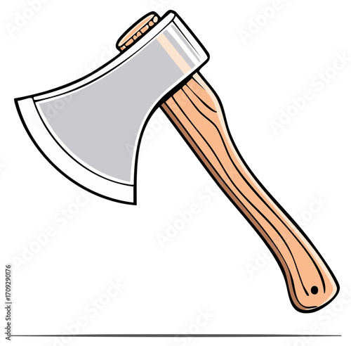 Single Sharp Axe With Wooden Handle and Metal Blade Isolated on White Background