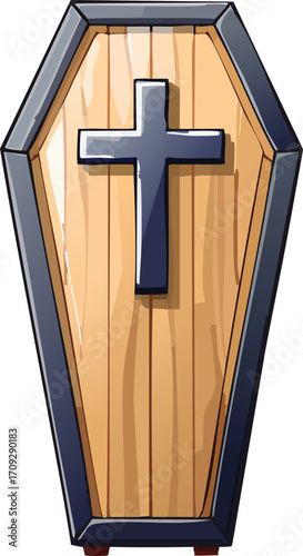 Cartoon illustration of a wooden coffin with a black cross on the lid.