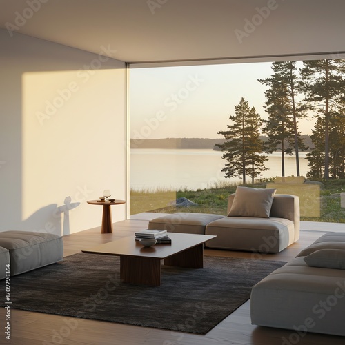 Modern living room with lake view and trees