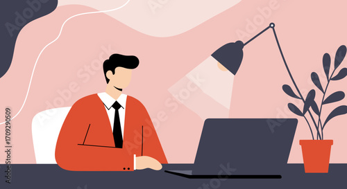 A person in formal attire works diligently on a laptop at a modern desk with a lamp and plant. Represents productivity, remote work, business, and focused concentration.